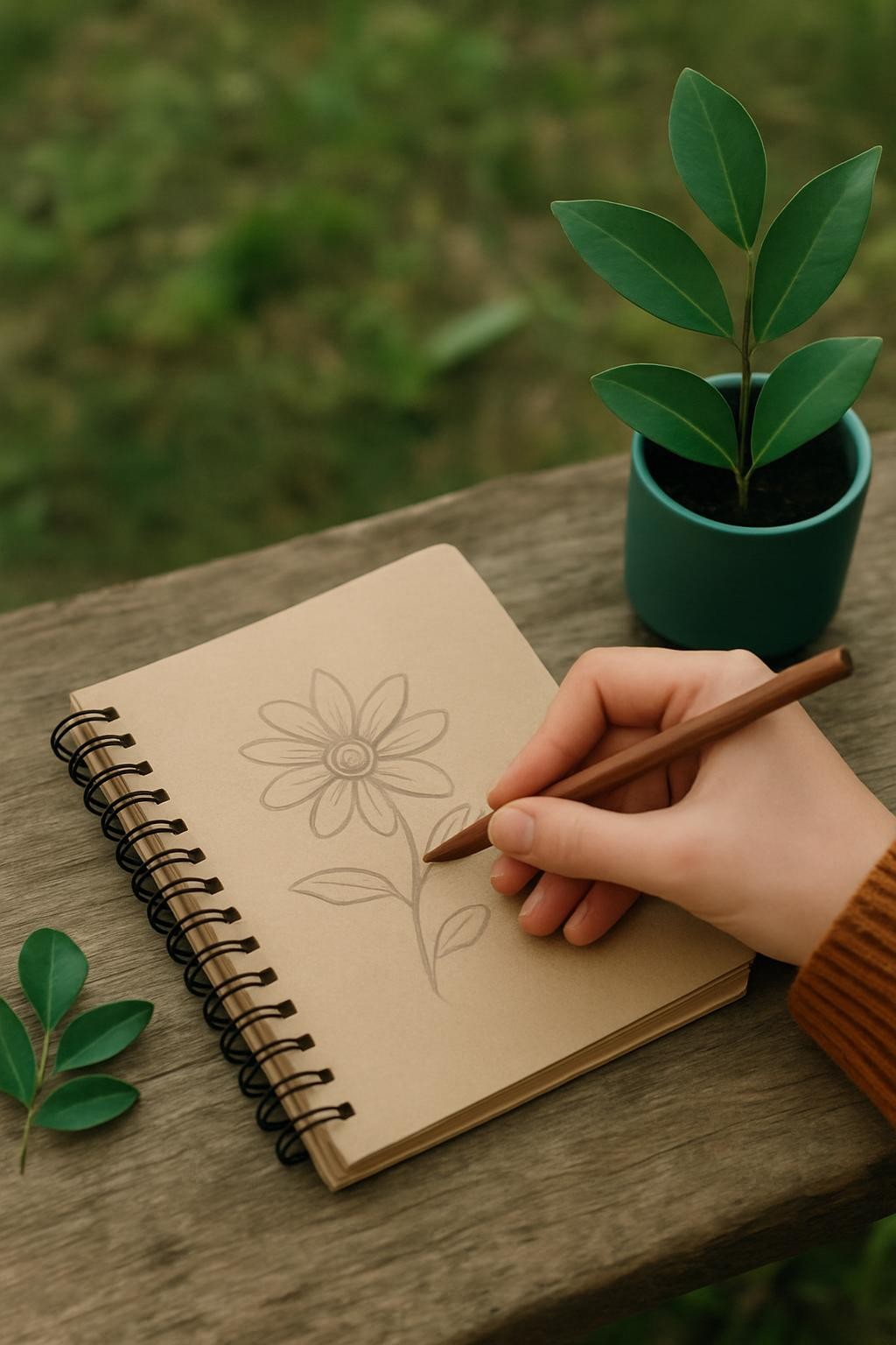 a realistic photo of a woman's hand writing in a creative notebook or journal, without any hourglass, natural setting, authentic lighting, not artistic, not a painting