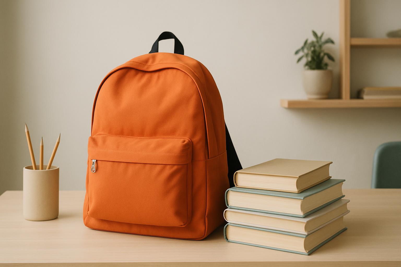 Un sac de jour elevé à gauche sur un bureau, devancé par une petite pile de livres et un tasse avec des crayons. Les bouqu...