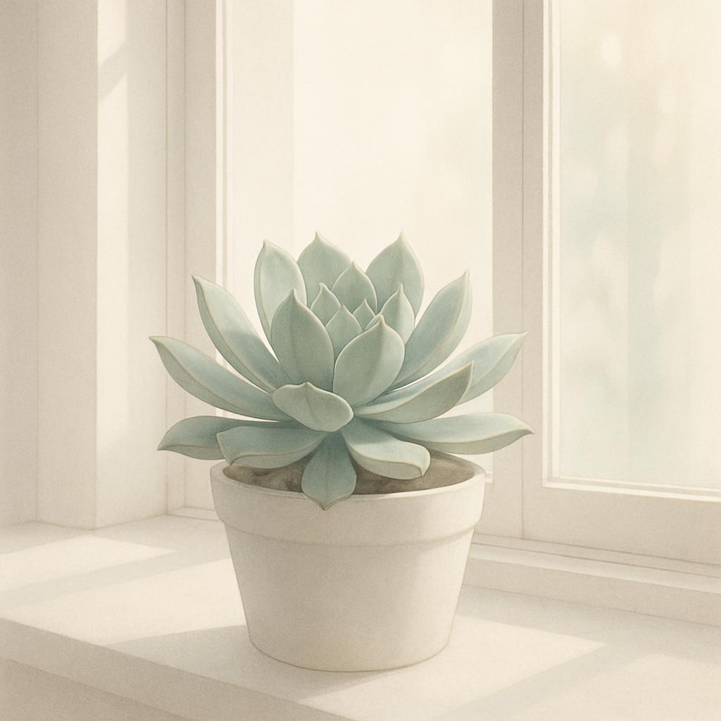 This photograph depicts a harlequin succulent potted into a white clay pot sitting on the sill of a white, closed-earth-to...