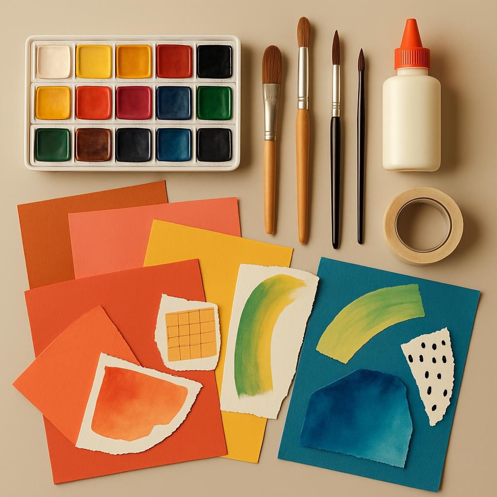 du matériel créatif comprenant pinceaux, peinture, colle, scotch, papiers colorés disposés de manière artistique sur un bureau