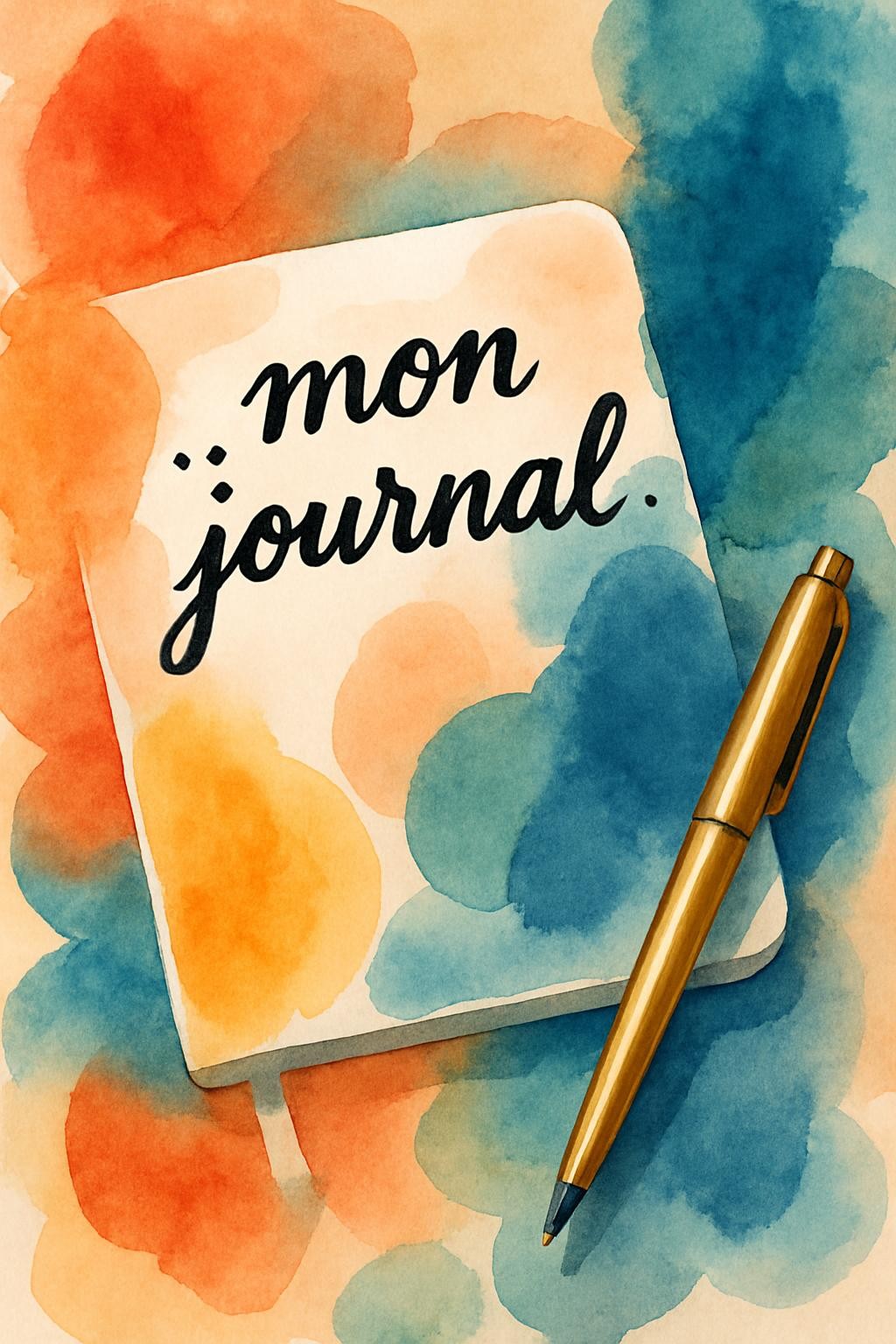 Image moderne représentant un carnet ou journal, un stylo, avec le texte manuscrit « ...mon journal... » en haut de l'image dans un style manuscrit, le tout avec des formes abstraites à l'aquarelle (watercolor) comme arrière-plan.