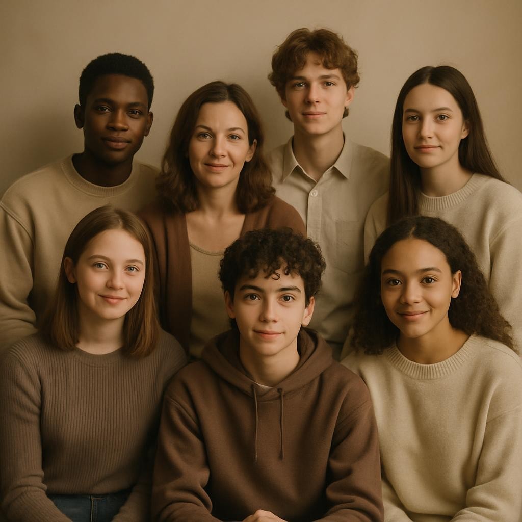 photo de famille neutre, ambiance chaleureuse et inclusive, composée majoritairement d'adolescents et de jeunes adultes, sans mise en avant d'une origine spécifique, adaptée à un espace d'accueil pour ados
