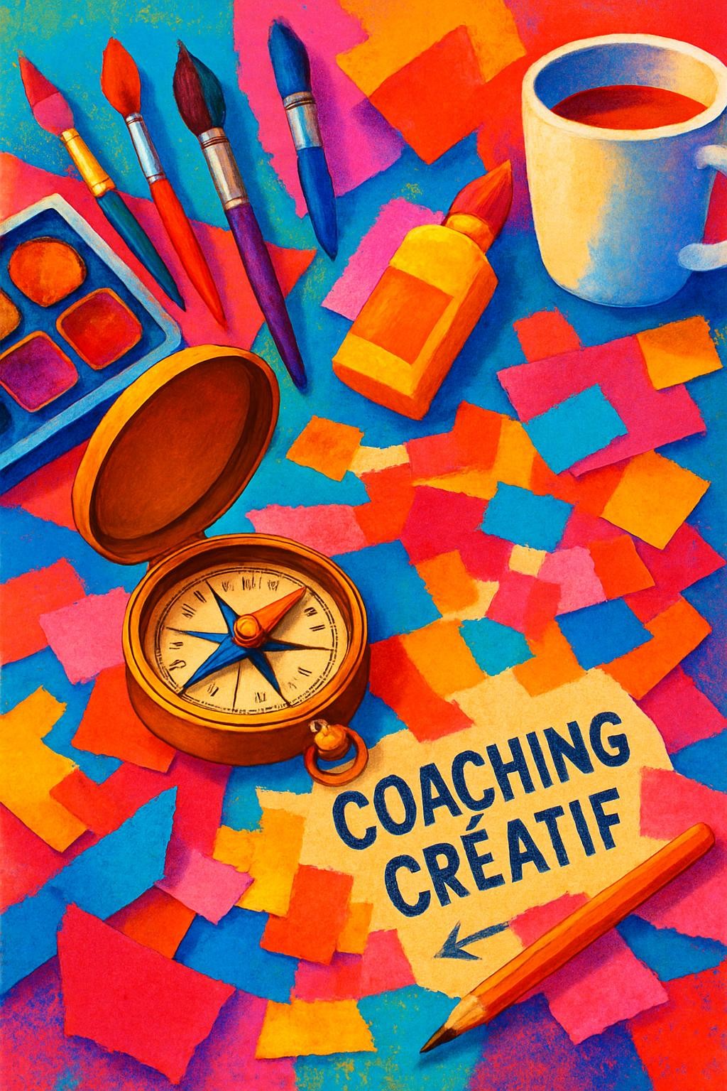 une boussole entourée d'outils créatifs (peinture, collages, papiers, pinceaux) avec des couleurs vives et dynamiques, ambiance punchy et inspirante, pour illustrer le coaching créatif
