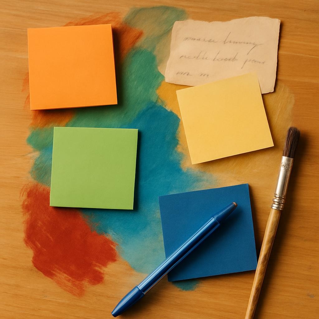 une composition réaliste et colorée montrant des post-it, un stylo et un pinceau disposés sur une table, ambiance créative et joyeuse, photo, pas une illustration.